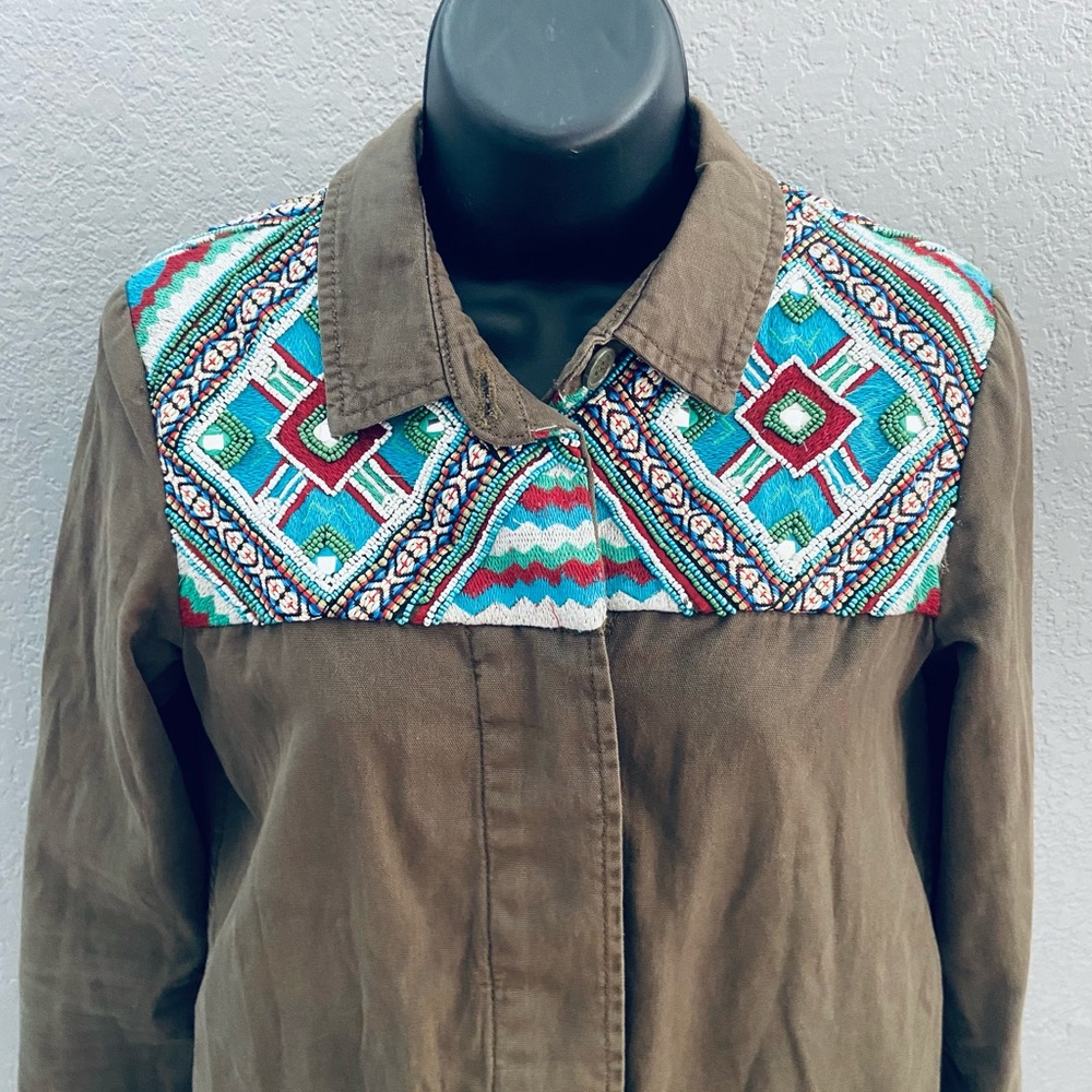 Zara Trafaluc Army Green Jacket w/ Beaded Decoration